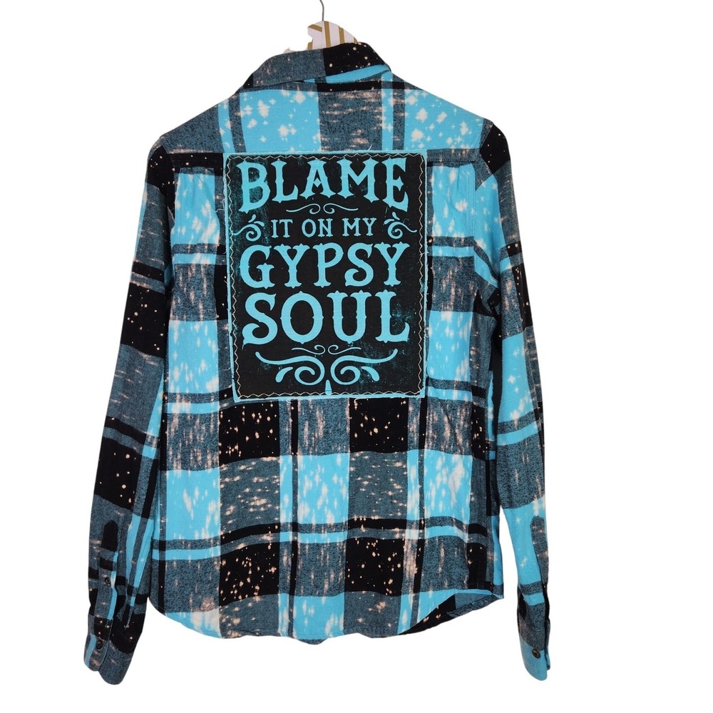 ANGRY MINNOW Shirt Unisex Small Blue Plaid‎ Flannel Gypsy Soul Graphic Back